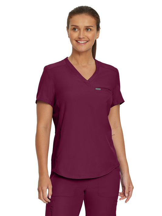 Women's Two-Pocket Shirttail Hemline V-Neck Top - LT101 - Wine