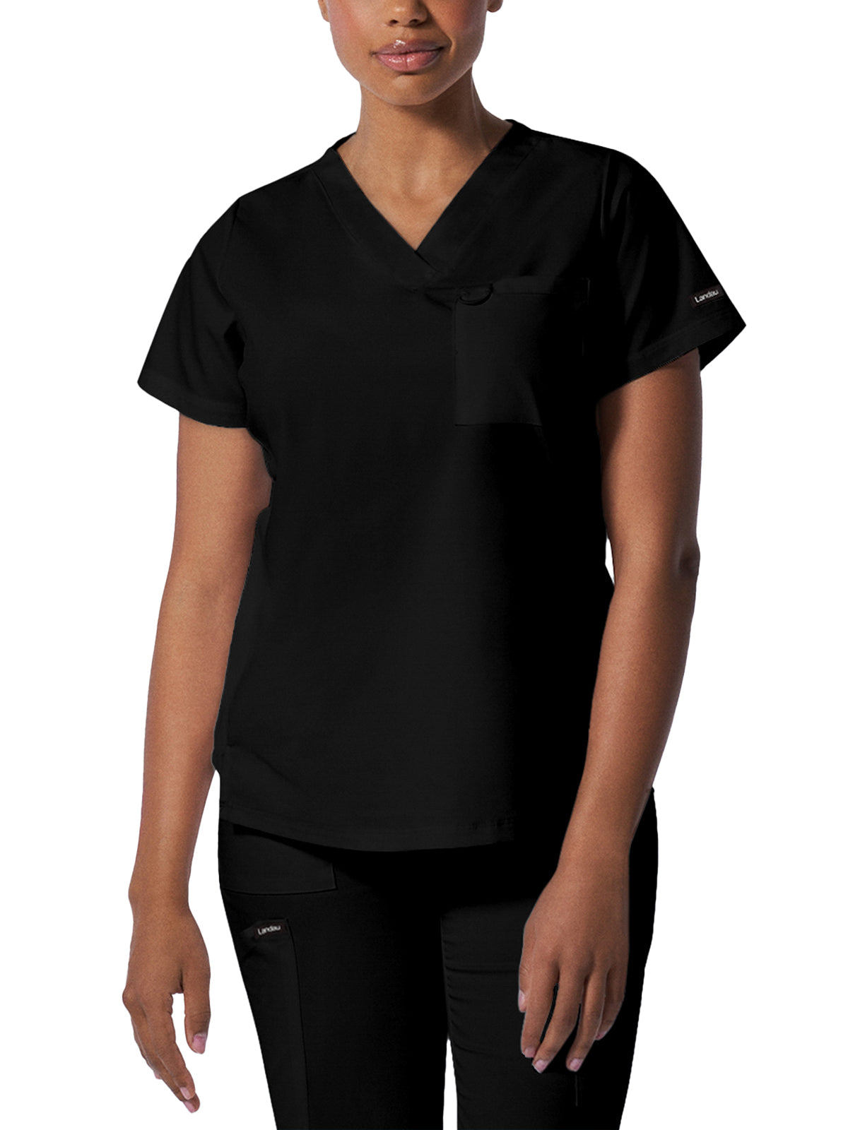 Women's Two-Pocket Back Princess Seamed V-Neck Top - LT107 - Black