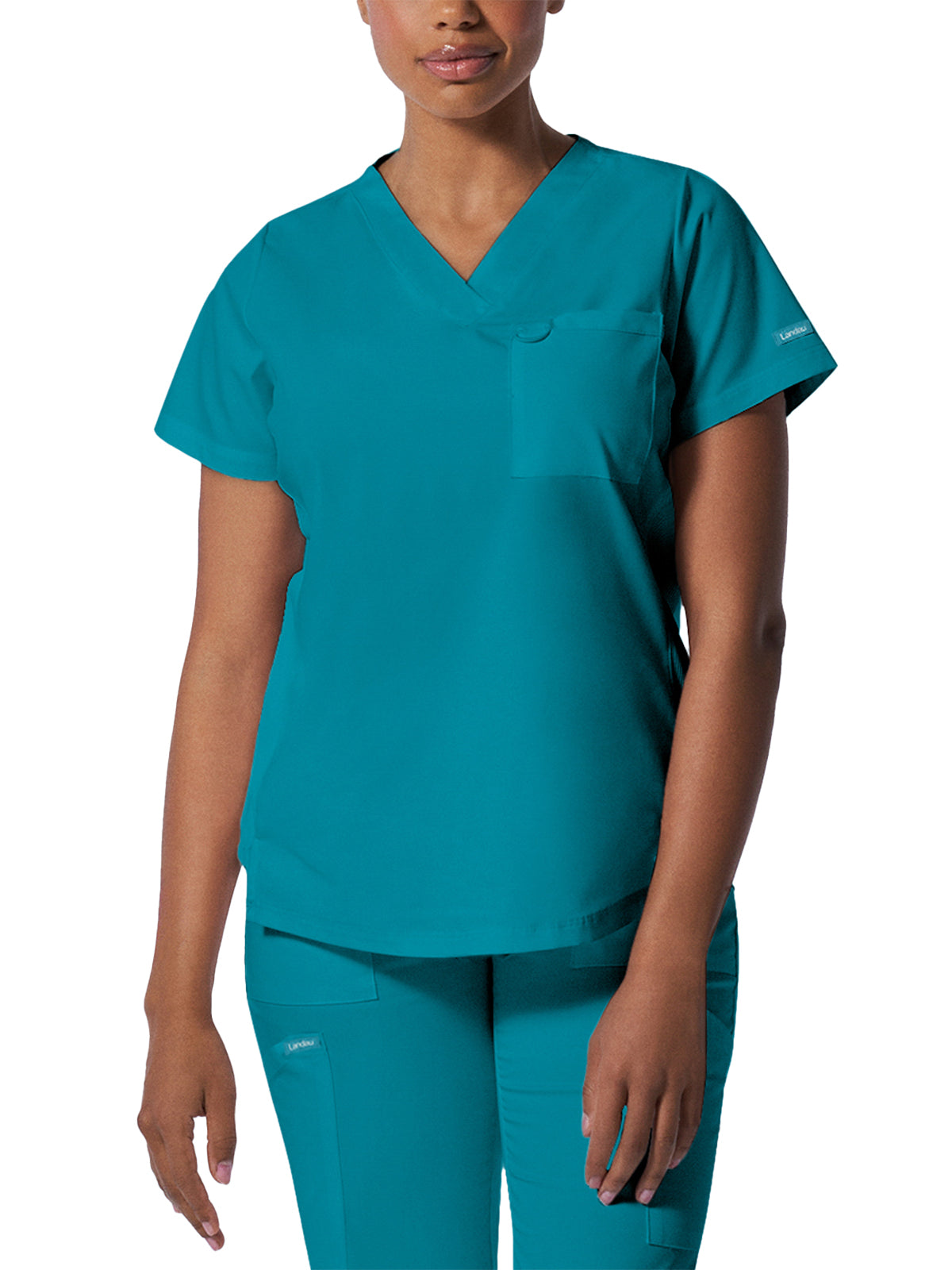 Women's Two-Pocket Back Princess Seamed V-Neck Top - LT107 - Teal