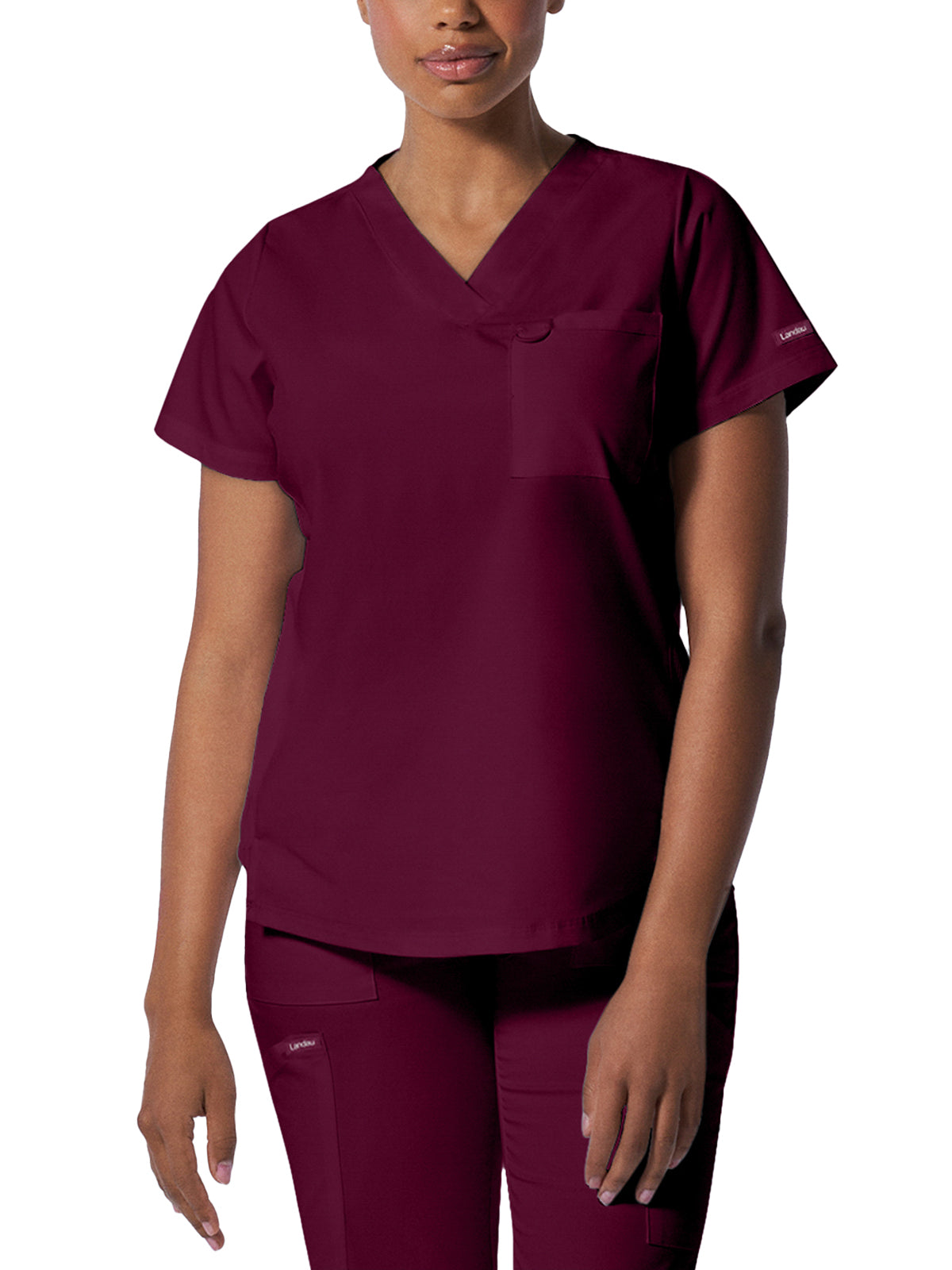 Women's Two-Pocket Back Princess Seamed V-Neck Top - LT107 - Wine