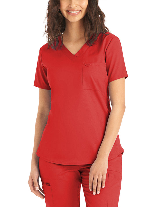 Women's Two-Pocket Back Princess Seamed V-Neck Top - LT107 - True Red
