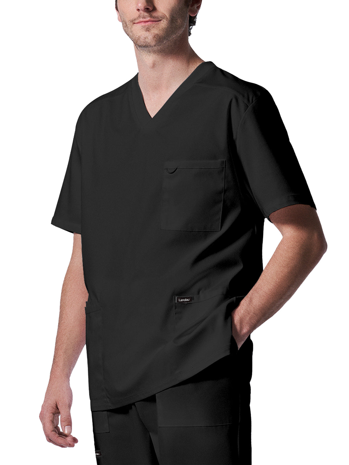 Men's Four-Pocket Back Yoke V-Neck Top - LT109 - Black