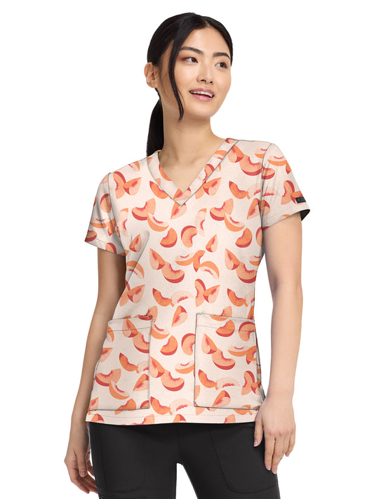 Women's 2-Pocket V-Neck Print Top - 8564 - Just Peachy