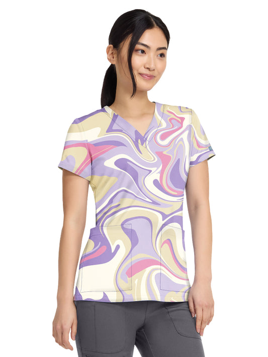 Women's 2-Pocket V-Neck Print Top - 8564 - Sporty Marble