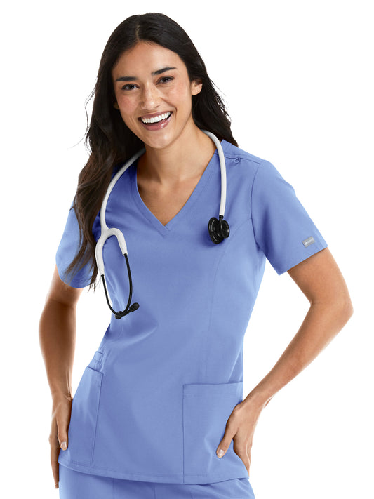 Women's Three-Pocket Double V-Neck Top - 5001 - Ceil Blue