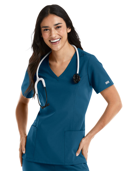 Women's Three-Pocket Double V-Neck Top - 5001 - Caribbean Blue