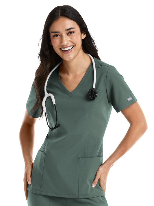 Women's Three-Pocket Double V-Neck Top - 5001 - Moss