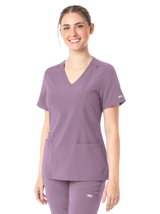 Women's Three-Pocket Double V-Neck Top - 5001 - Mulberry