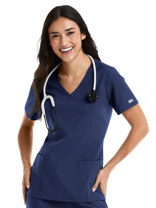 Women's Three-Pocket Double V-Neck Top - 5001 - Navy
