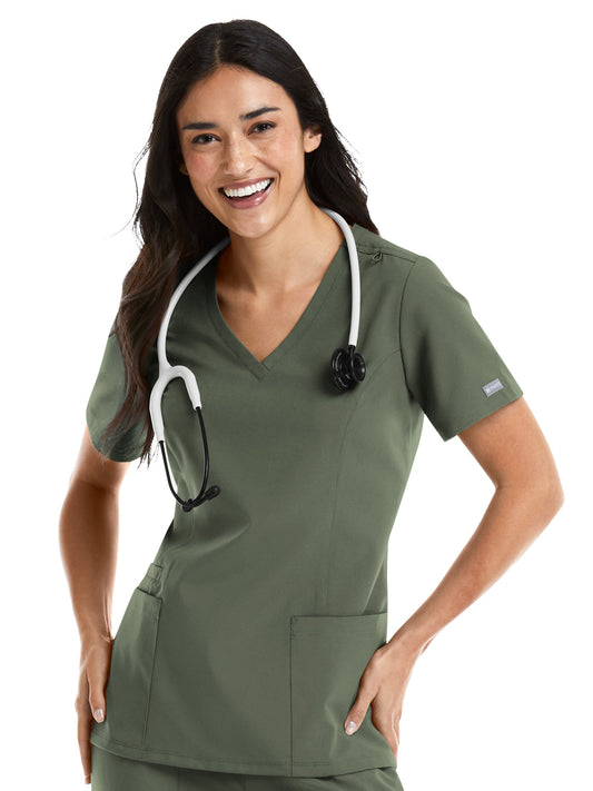 Women's Three-Pocket Double V-Neck Top - 5001 - Olive