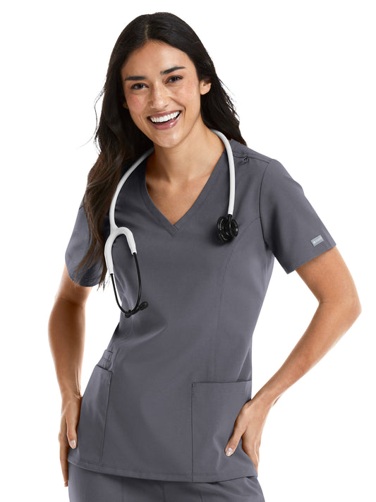 Women's Three-Pocket Double V-Neck Top - 5001 - Pewter