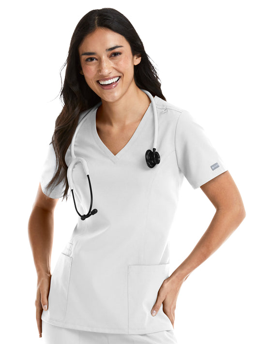 Women's Three-Pocket Double V-Neck Top - 5001 - White