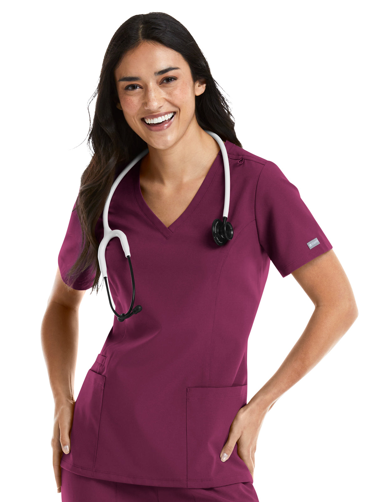 Women's Three-Pocket Double V-Neck Top - 5001 - Wine