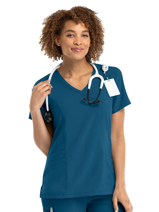 Women's Three-Pocket Mock Wrap Top - 5002 - Caribbean Blue