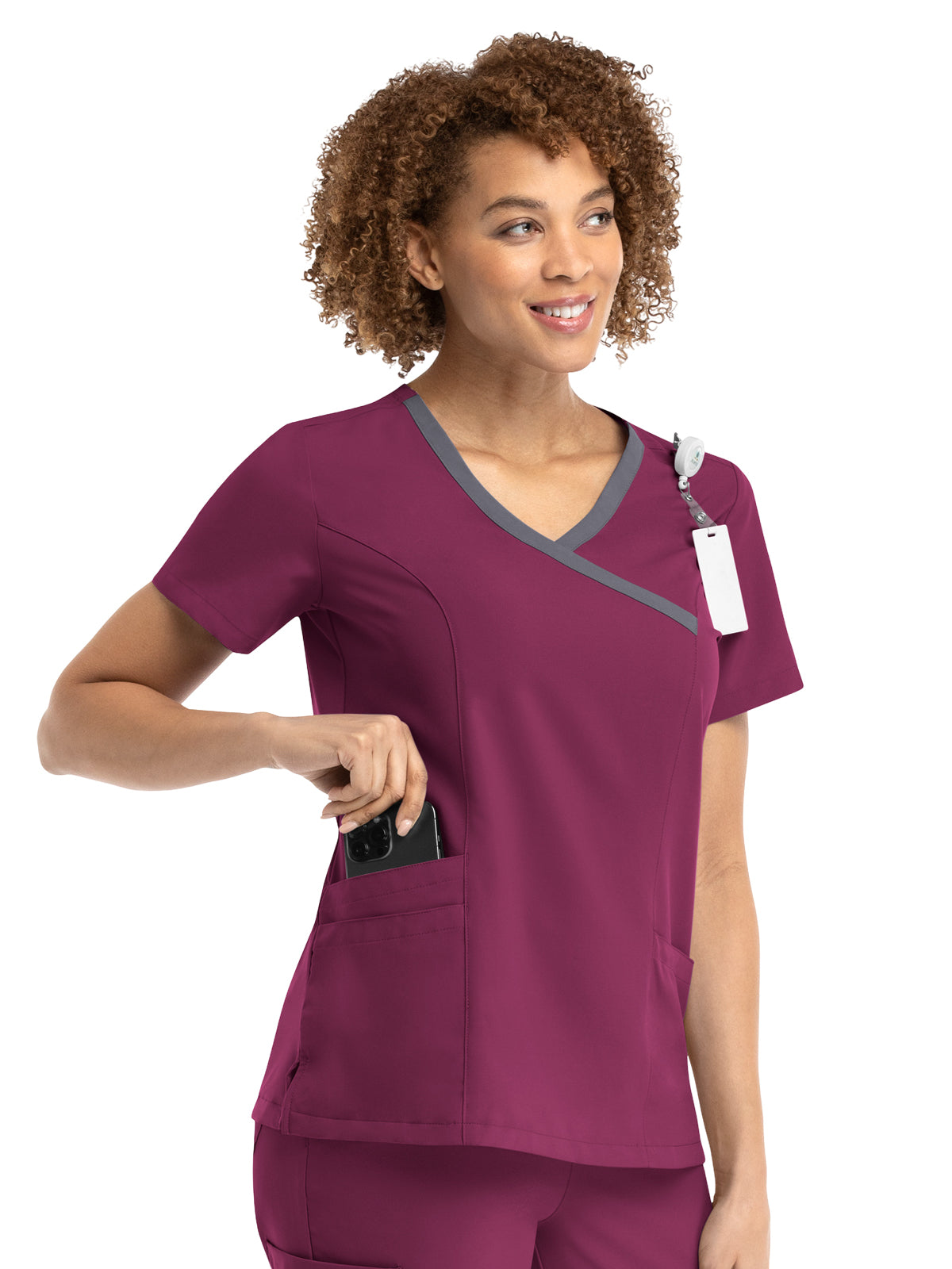 Women's Three-Pocket Mock Wrap Scrub Top - 5004 - Wine