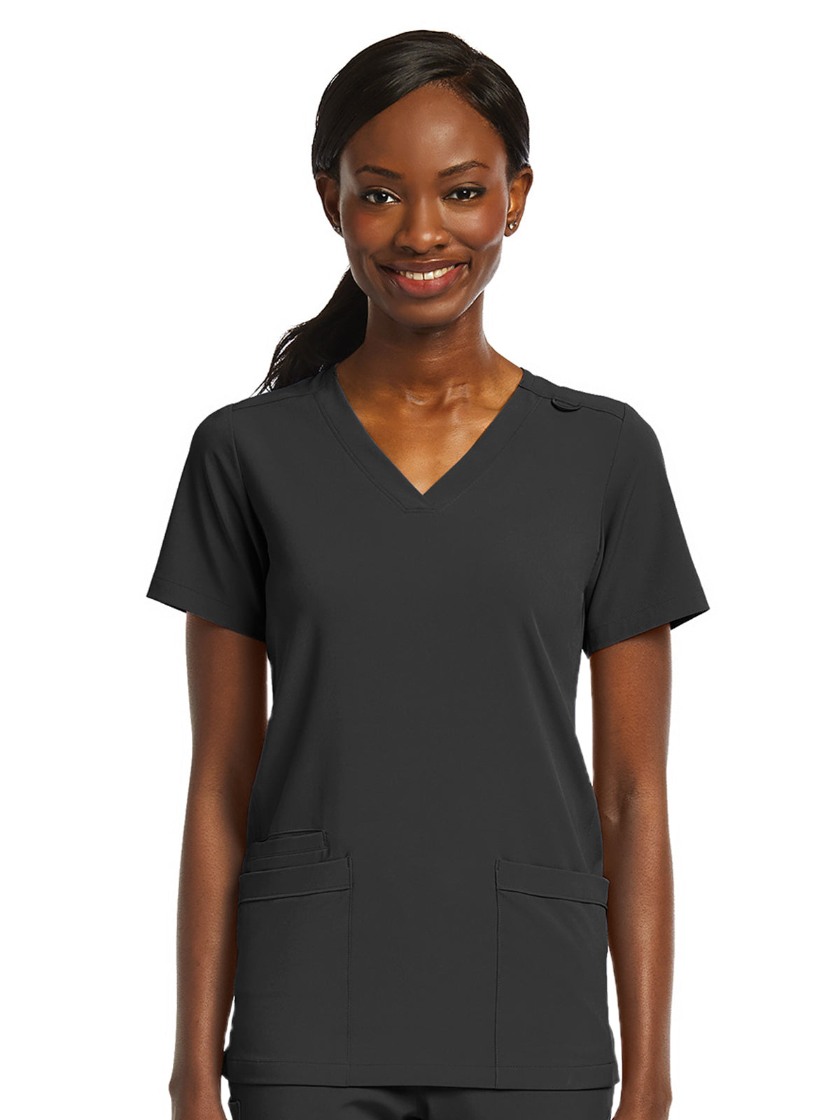 Women's Fitted Two-Pocket V-Neck Top - SJ102 - Black