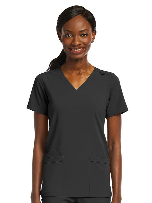 Women's Fitted Two-Pocket V-Neck Top - SJ102 - Black
