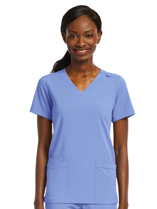 Women's Fitted Two-Pocket V-Neck Top - SJ102 - Ciel Blue