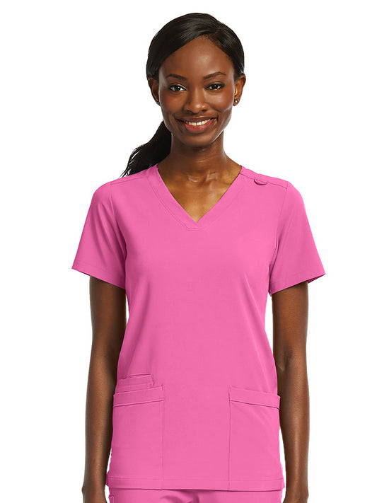 Women's Fitted Two-Pocket V-Neck Top - SJ102 - Pink Pop