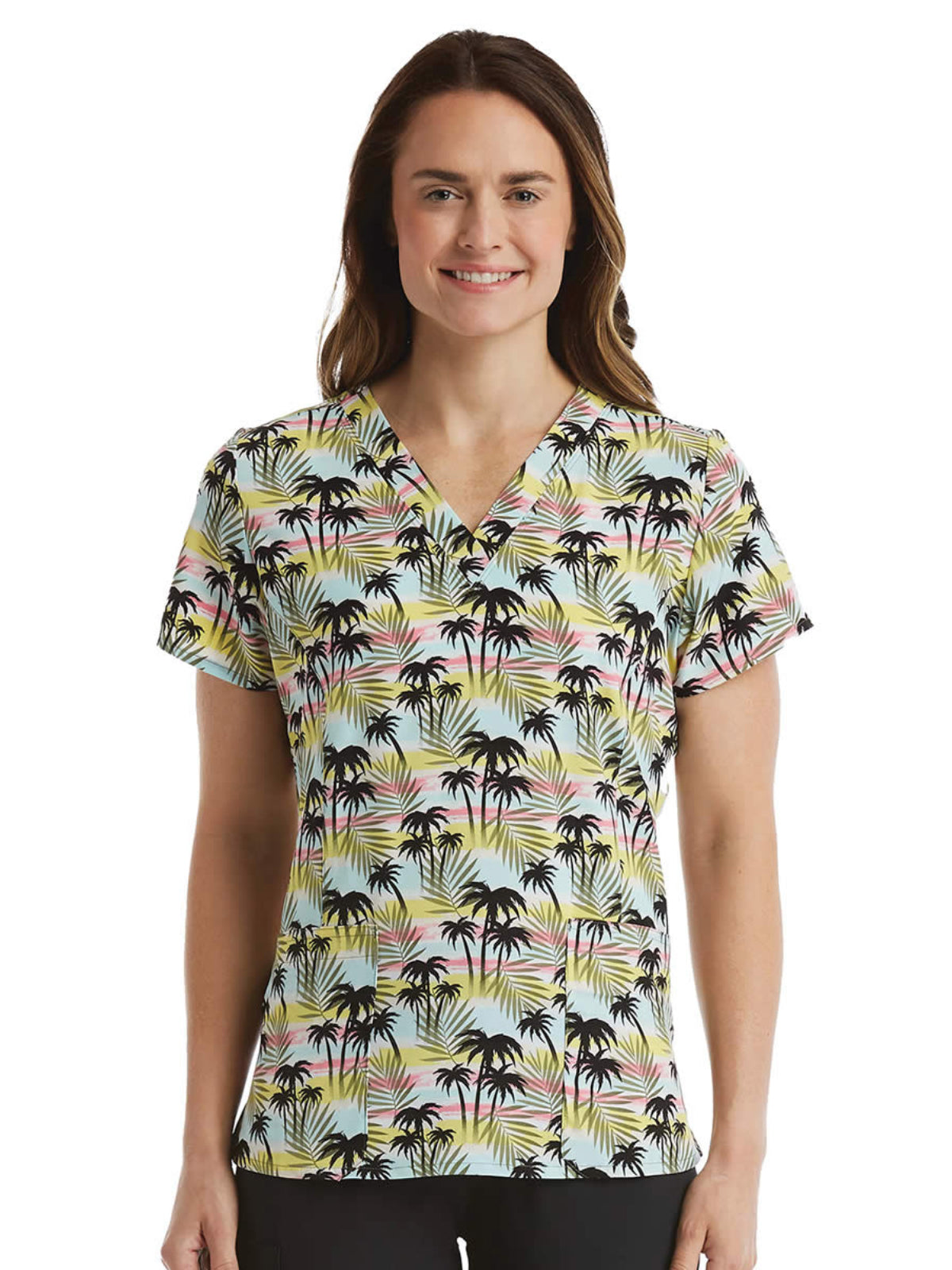 Women's Two-Pocket V-Neck Print Top - SJP1 - Palm Tree