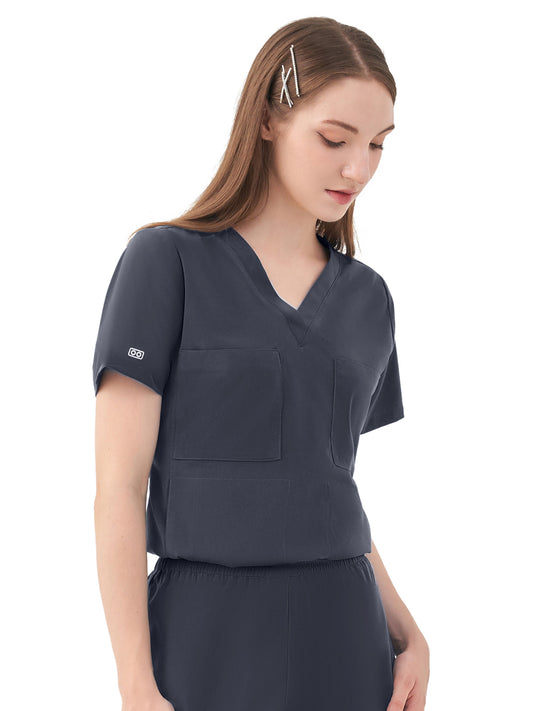 Women's Two-Pocket LUNA Tuck Band V-Neck Top - 1018 - Charcoal