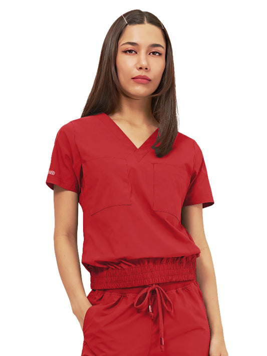 Women's Two-Pocket LUNA Tuck Band V-Neck Top - 1018 - Ruby Red