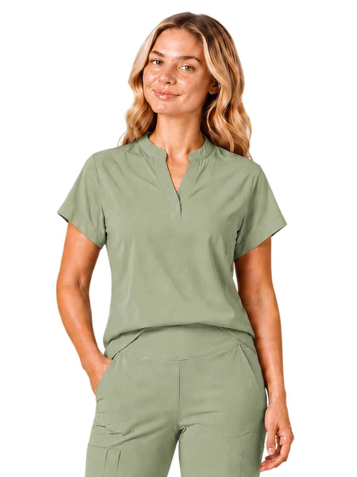 Women's Two Pocket Jade Y-Neck Top - 1213 - Matcha
