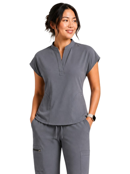 Women's Two Pocket Jade Y-Neck Top - 1213 - Pewter