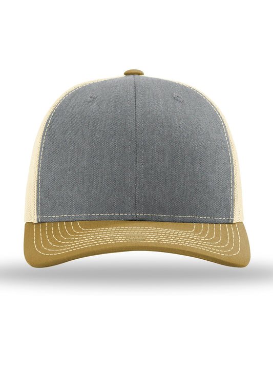 Unisex Trucker Cap - 112 - Heather Grey/ Birch/ Amber Gold