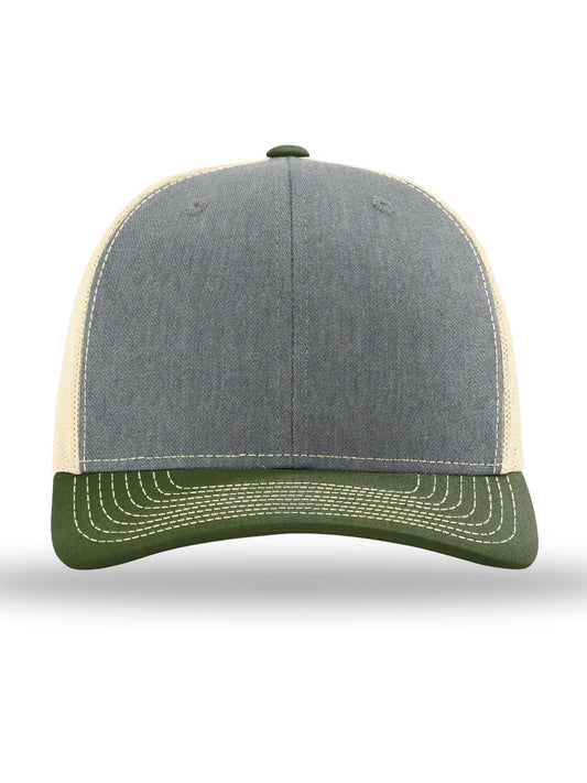 Unisex Trucker Cap - 112 - Heather Grey/ Birch/ Army Olive