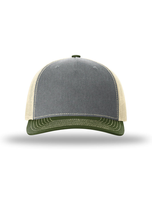 Unisex Five-Panel Trucker Cap - 112FP - Heather Grey/Birch/Army Olive