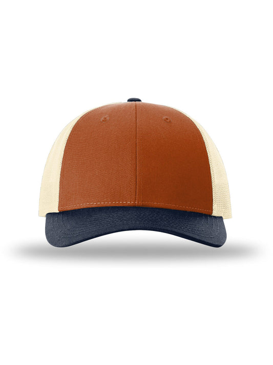 Unisex Low Pro Trucker Cap - 115 - Dark Orange/Birch/Patriot Blue