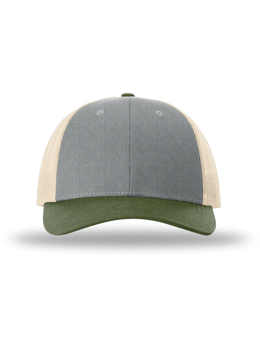 Unisex Low Pro Trucker Cap - 115 - Heather Grey/Birch/Army Olive