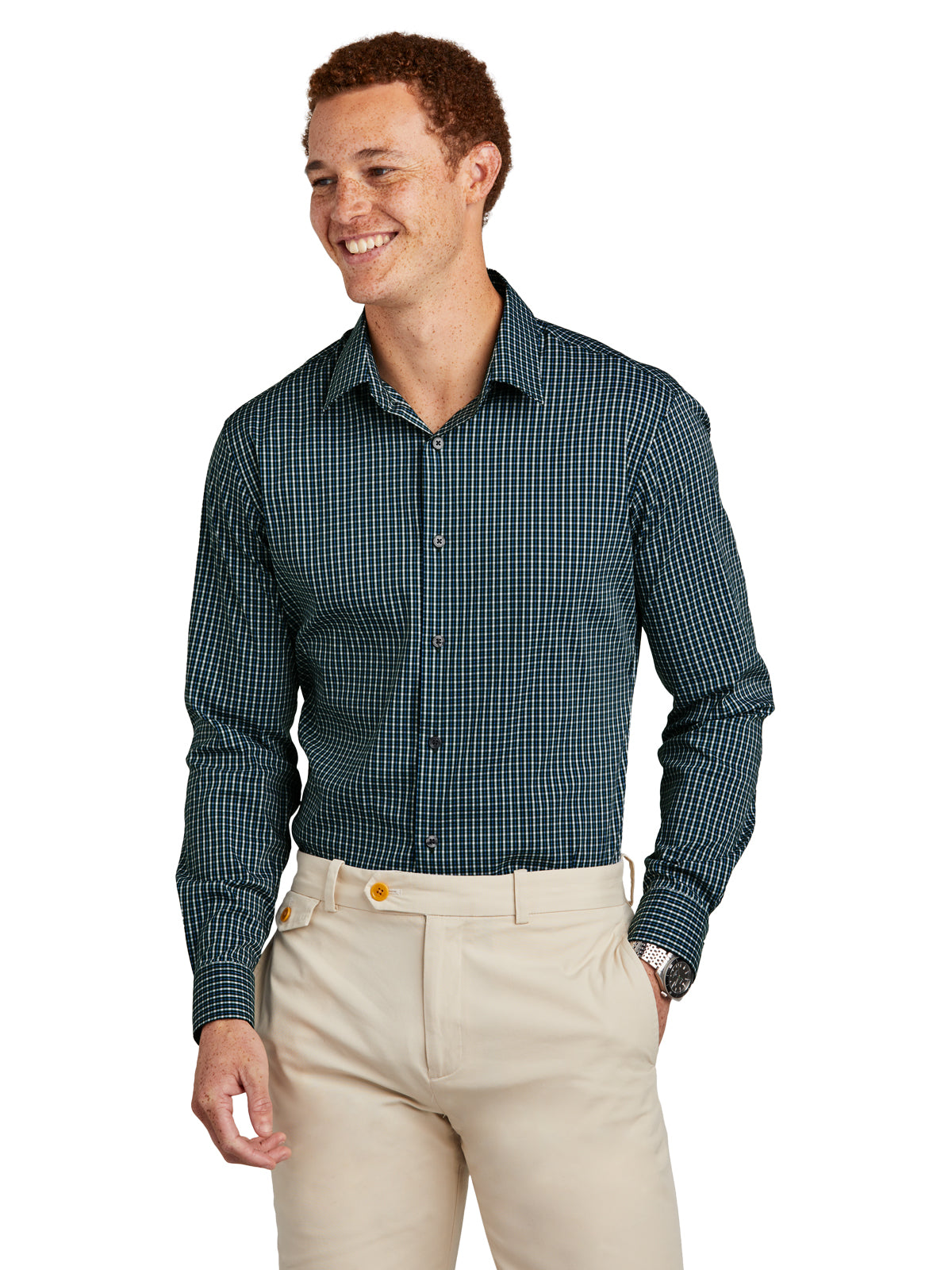 Men's Pocketless Tech Stretch Patterned Shirt - BB18006 - Dark Pine Multi Check