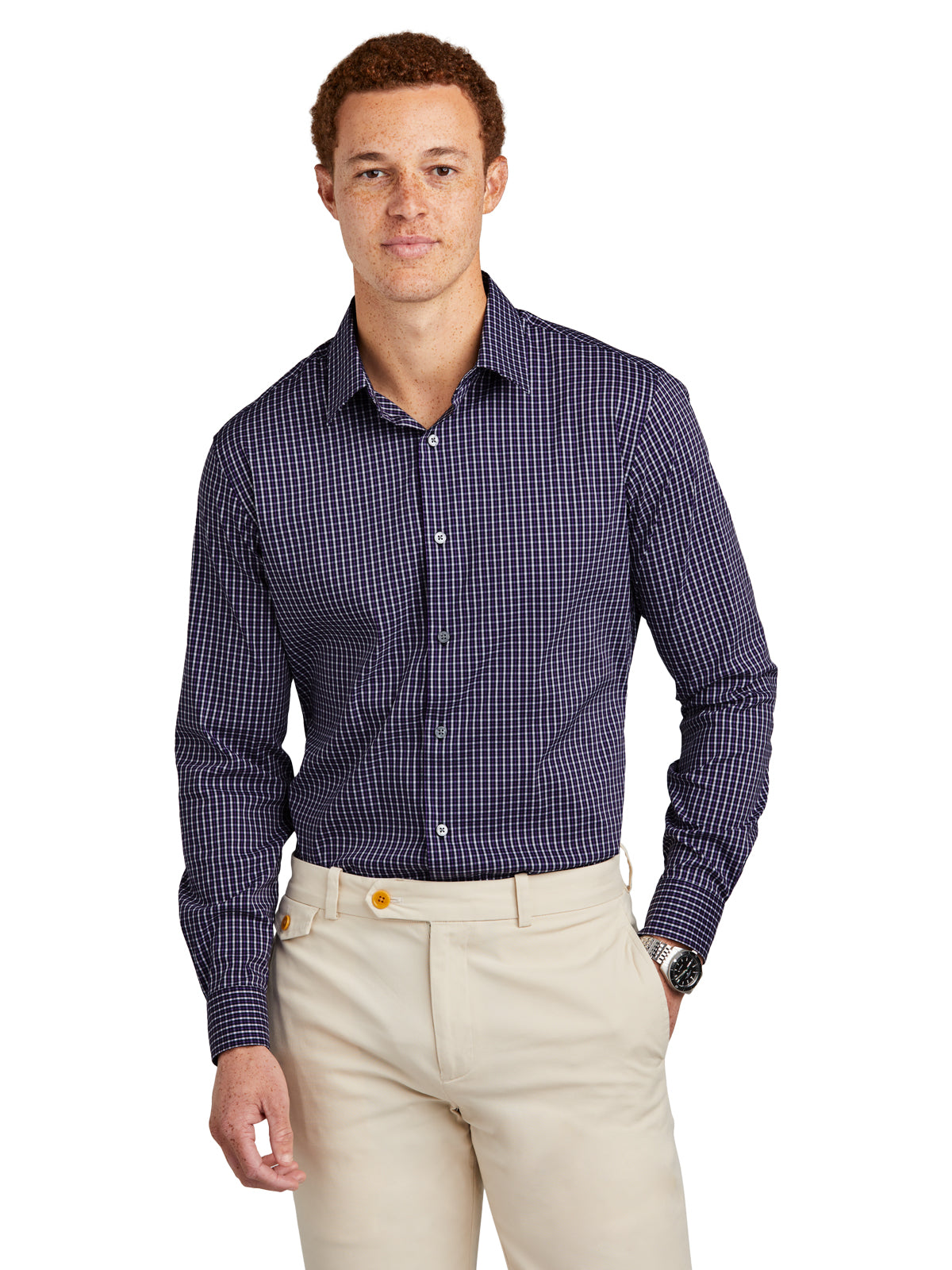 Men's Pocketless Tech Stretch Patterned Shirt - BB18006 - Navy Blazer Multi Check