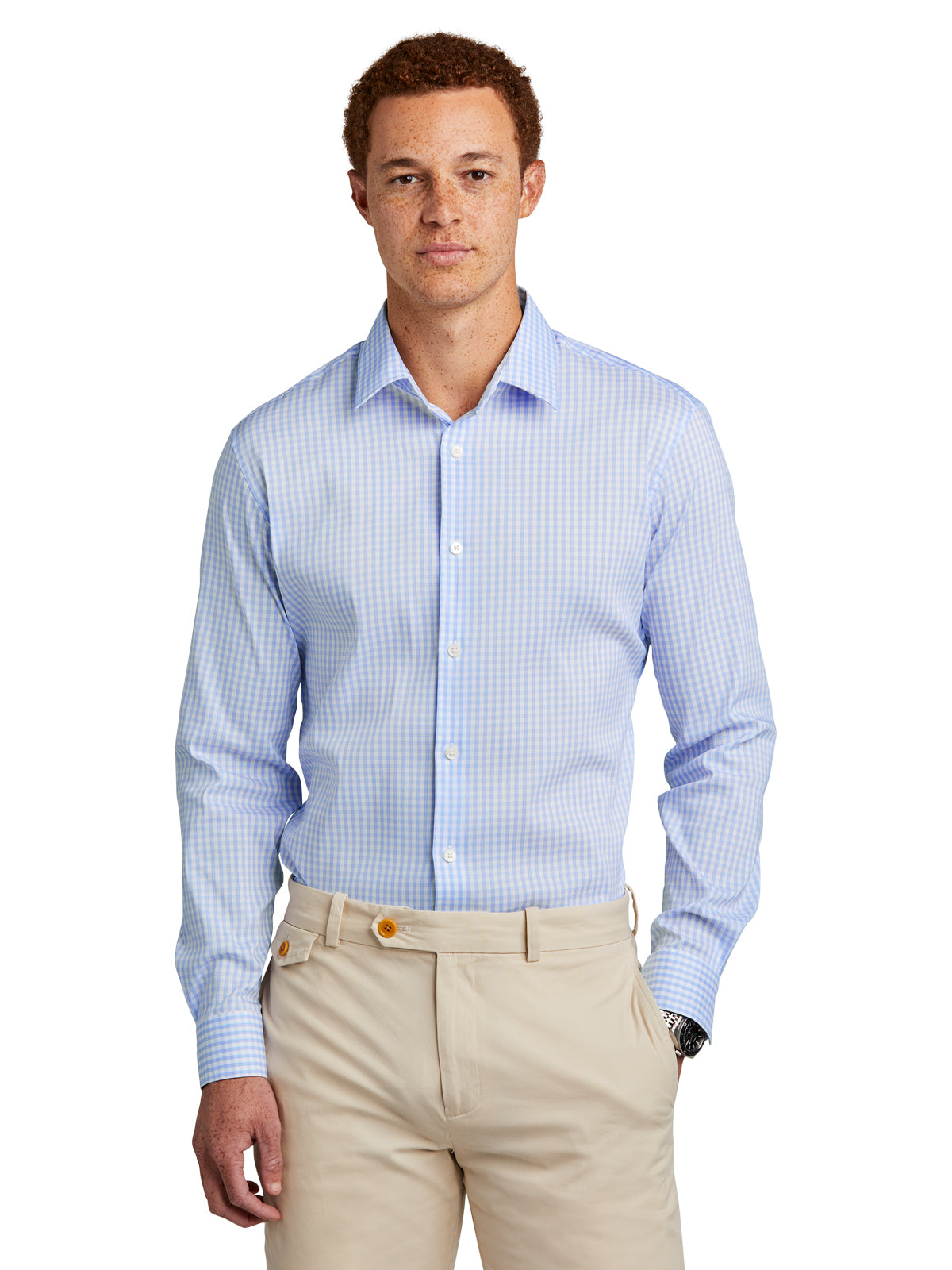Men's Pocketless Tech Stretch Patterned Shirt - BB18006 - Newport Blue/ Pearl Pink Fine Check