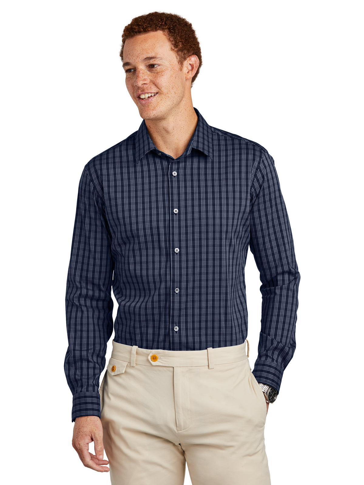 Men's Pocketless Tech Stretch Patterned Shirt - BB18006 - Navy Blazer/ White Grid Check