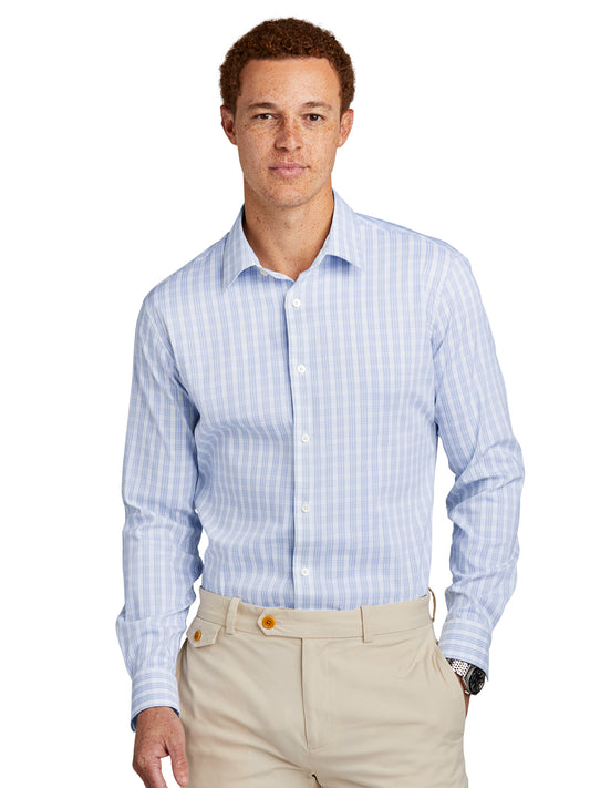 Men's Pocketless Tech Stretch Patterned Shirt - BB18006 - White/ Newport Blue Grid Check