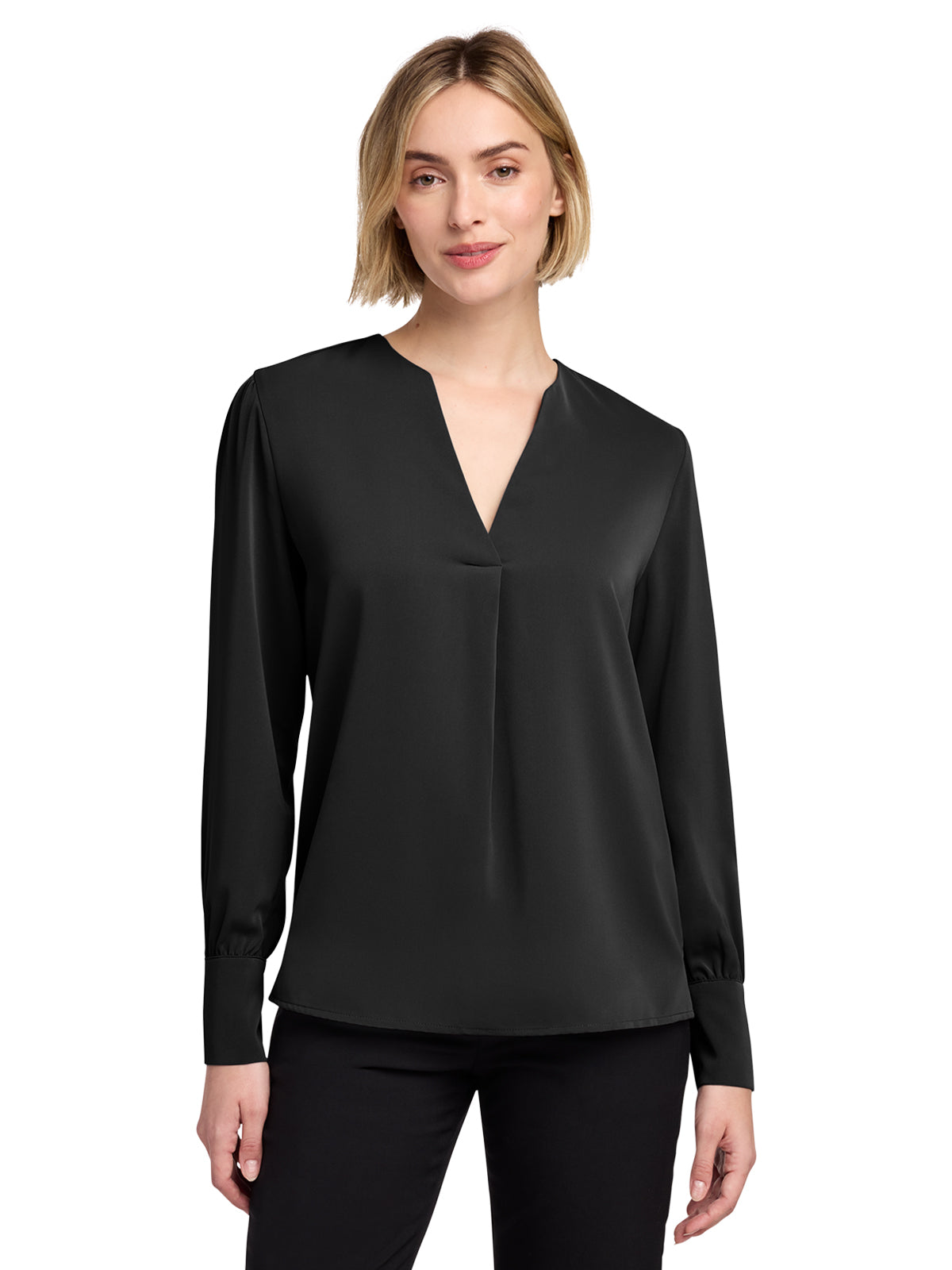 Women's Pocketless Open-Neck Blouse - BB18009 - Deep Black