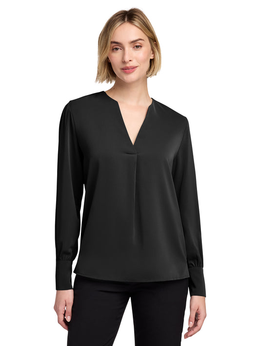 Women's Pocketless Open-Neck Blouse - BB18009 - Deep Black