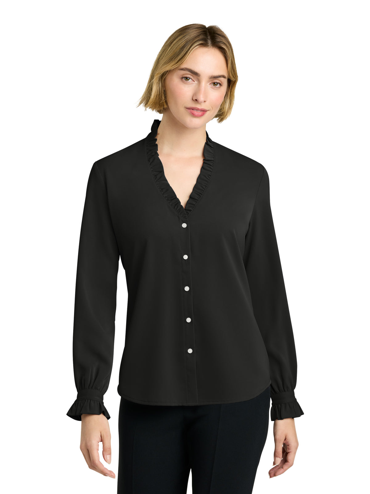 Women’s Long Sleeve Ruffle Collar Blouse - BB18011 - Deep Black