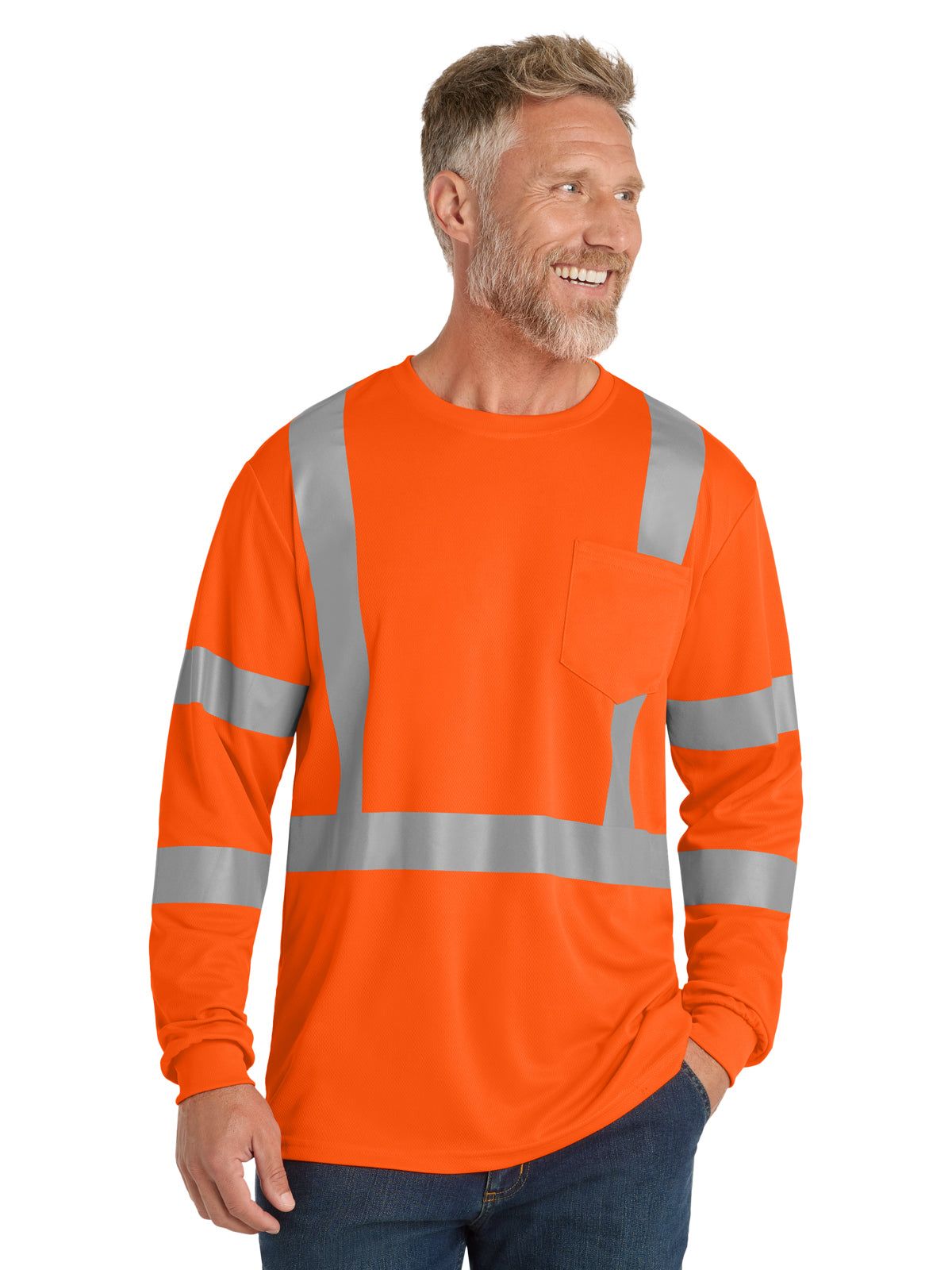 Men's 1-Pocket ANSI 107 Class 3 Long Sleeve Mesh Tee - CS203 - Safety Orange