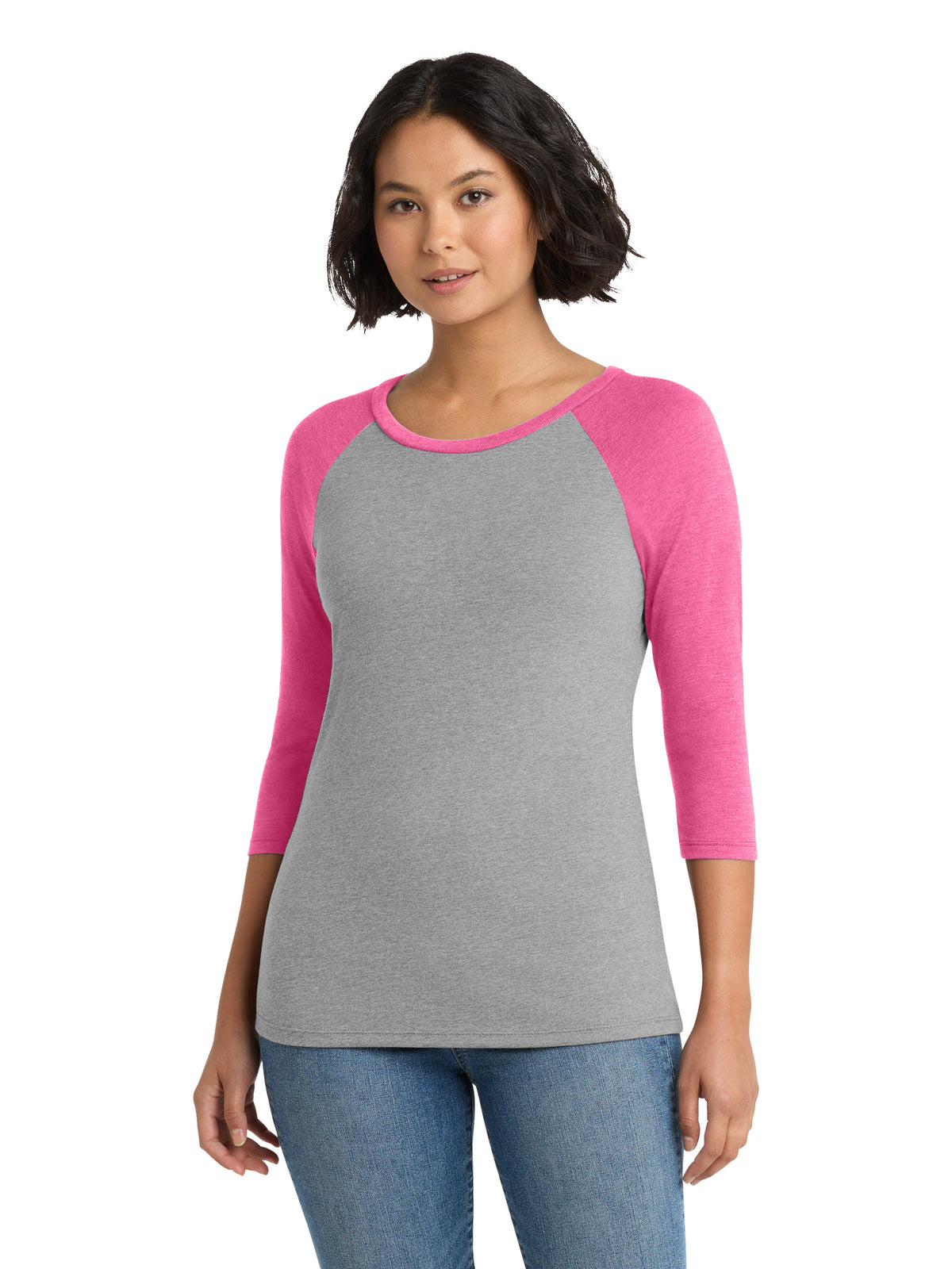 Women's Pocketless 3/4-Sleeve Raglan Tee - DM136L - Fuchsia Frost/ Grey Frost