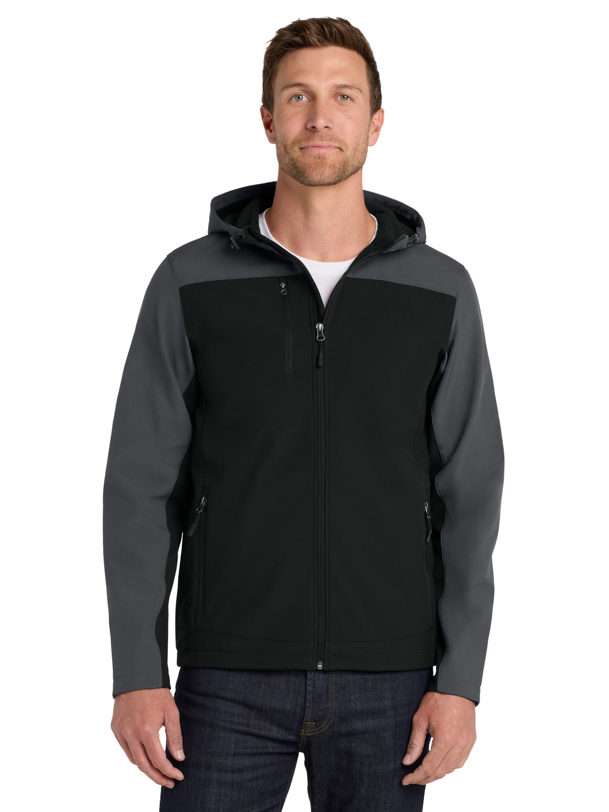 Men's Hooded Core Soft Shell Jacket - J335 - Black/Battleship Grey