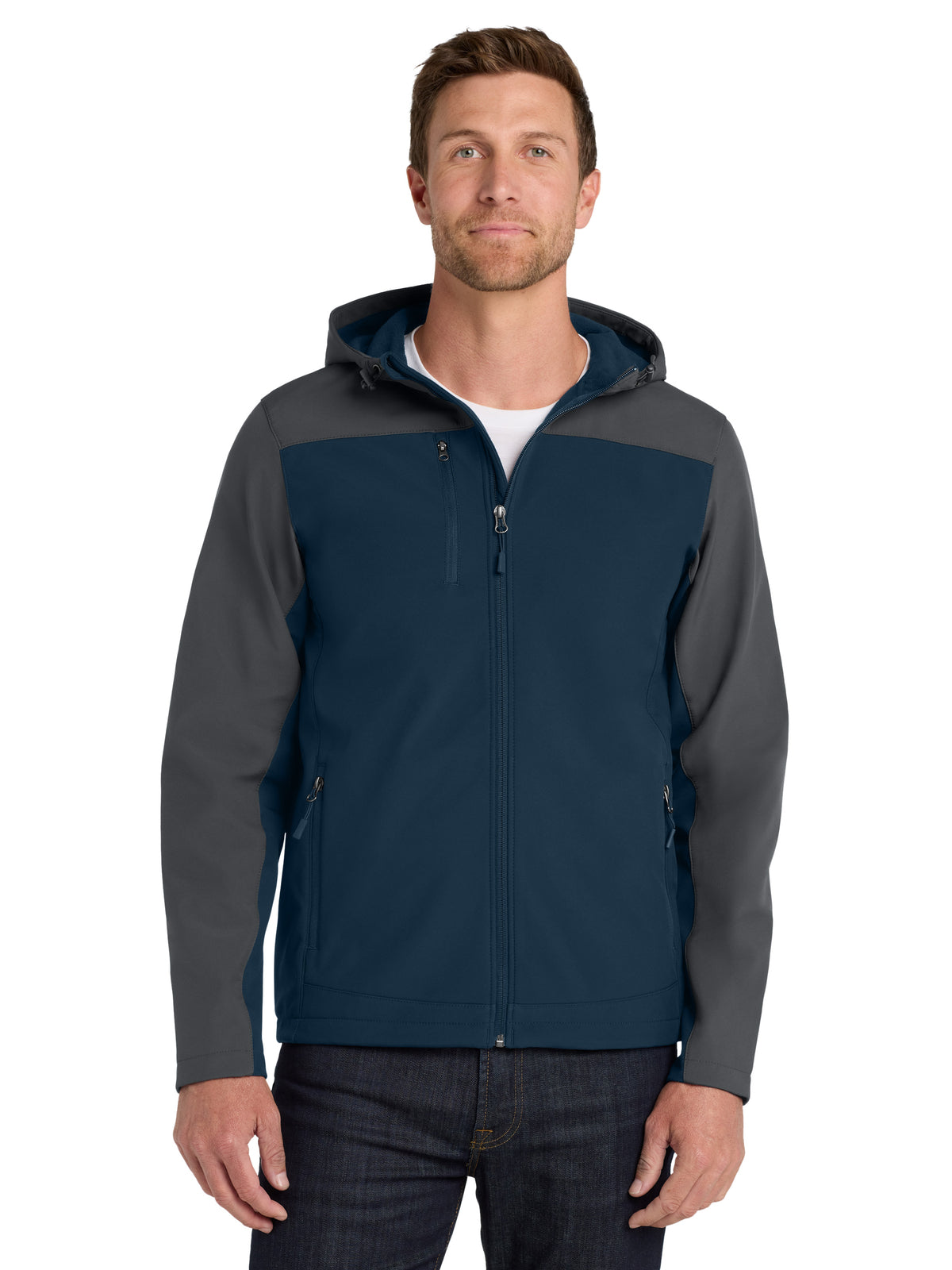 Men's Hooded Core Soft Shell Jacket - J335 - Dress Blue Navy/Battleship Grey