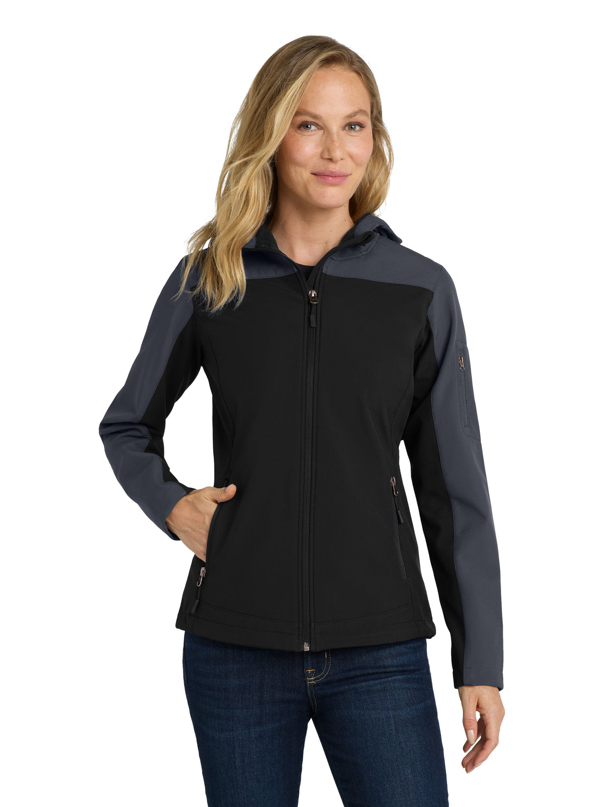 Women's Hooded Core Soft Shell Jacket - L335 - Black/Battleship Grey