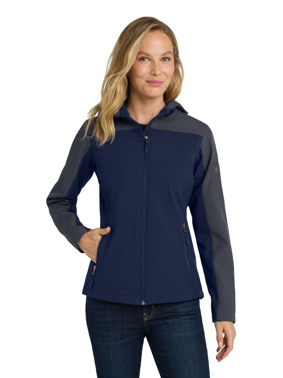 Women's Hooded Core Soft Shell Jacket - L335 - Dress Blue Navy/Battleship Grey