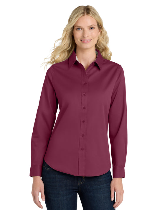 Women's Long Sleeve Easy Care Shirt - L608 - Burgundy/ Light Stone