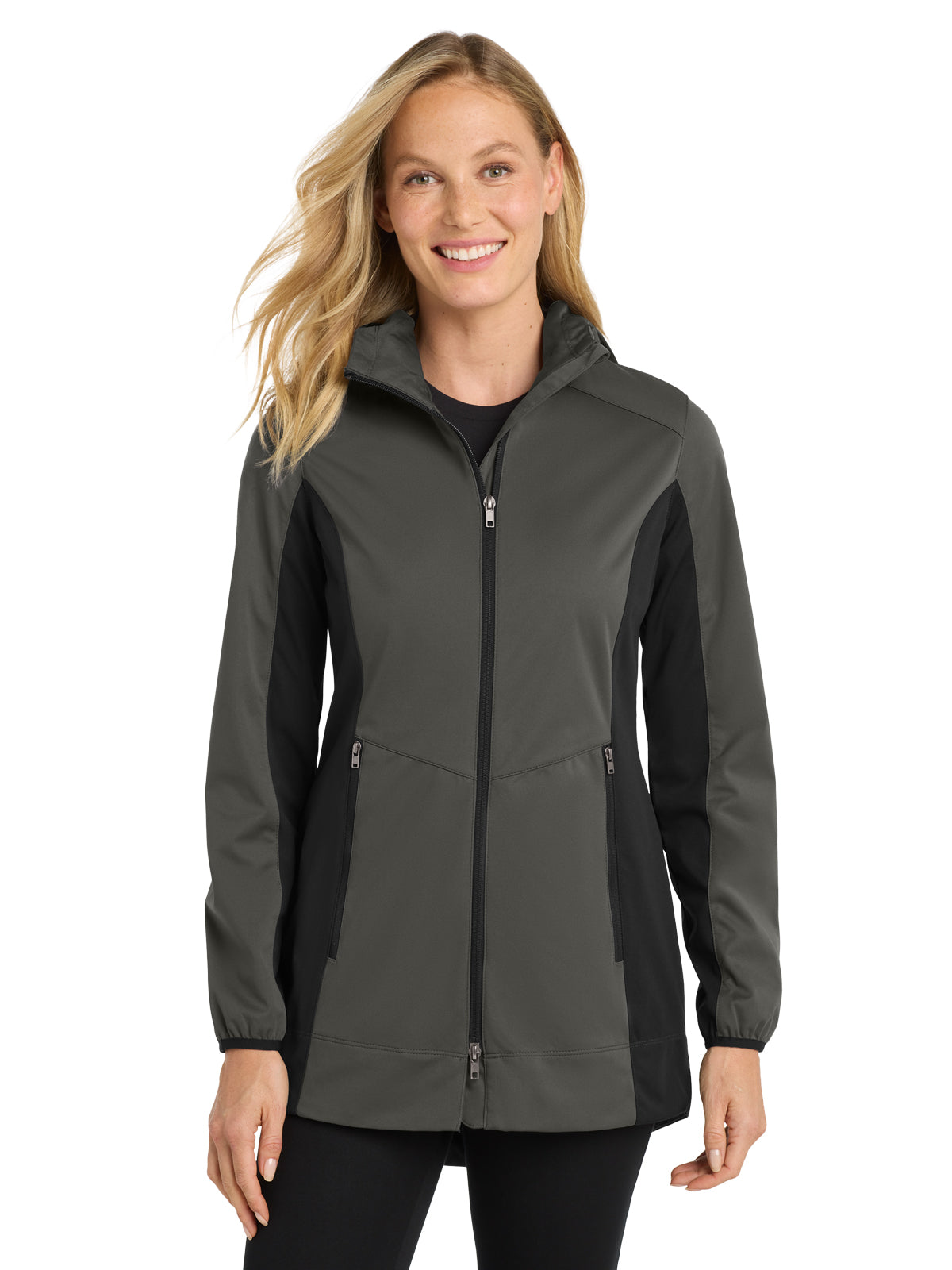 Women's 2-Pocket Hooded Soft Shell Jacket - L719 - Grey Steel/ Deep Black