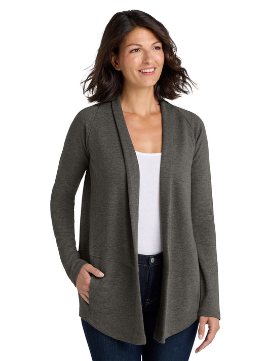 Women's Two-Pocket Interlock Cardigan - L807 - Charcoal Heather/Medium Heather Grey